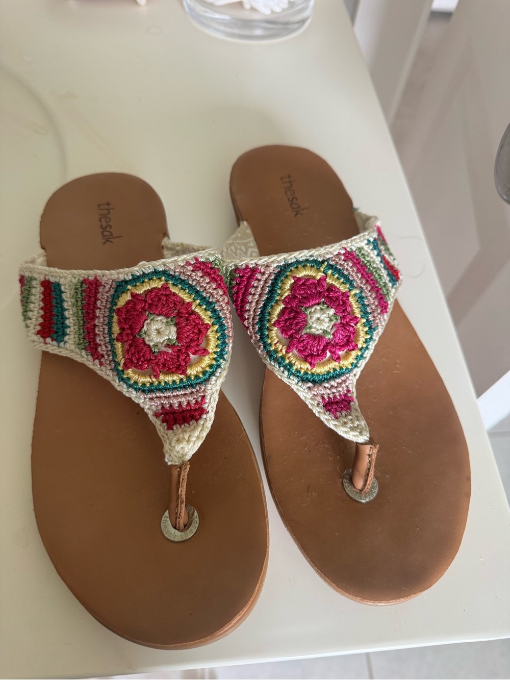 The Sak Pink Crochet-Triangle Leather Sandals